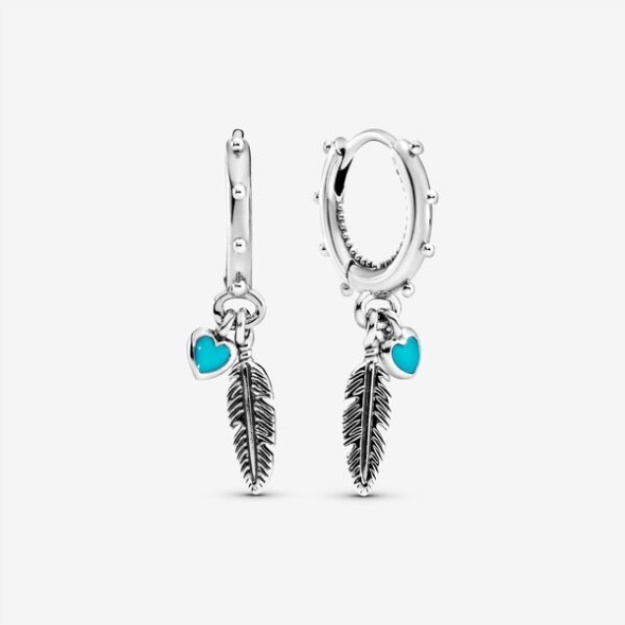 Turquoise Hearts And Feather Hoop Earrings Pandora
